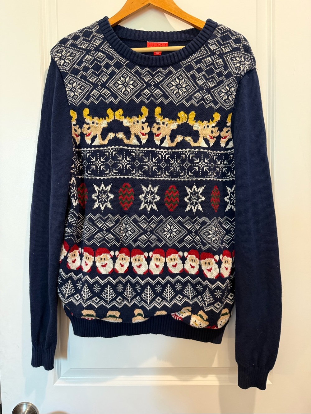 Ugly Christmas Sweater Womens L Light Up Santa Reindeer Holiday Knit Navy